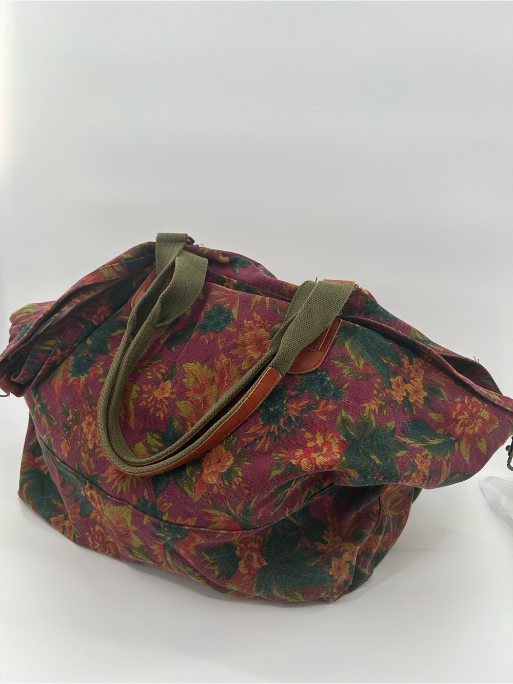Vintage GAP Cotton Tote Bag Leather Strap Floral Print Y2K 90s Boho Cottage